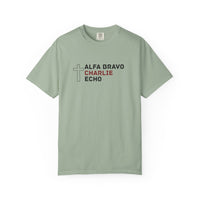Load image into Gallery viewer, Alpha Bravo Charlie Echo Cross T-Shirt — Christian Faith Based in memory of Charlie Kirk , Made for believers who stand for biblical values, strong families, religious freedom, and principled...