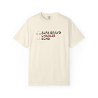Load image into Gallery viewer, Alpha Bravo Charlie Echo Cross T-Shirt — Christian Faith Based in memory of Charlie Kirk , Made for believers who stand for biblical values, strong families, religious freedom, and principled...