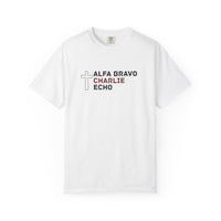 Load image into Gallery viewer, Alpha Bravo Charlie Echo Cross T-Shirt — Christian Faith Based in memory of Charlie Kirk , Made for believers who stand for biblical values, strong families, religious freedom, and principled...