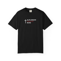 Load image into Gallery viewer, Alpha Bravo Charlie Echo Cross T-Shirt — Christian Faith Based in memory of Charlie Kirk , Made for believers who stand for biblical values, strong families, religious freedom