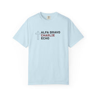 Load image into Gallery viewer, Alpha Bravo Charlie Echo Cross T-Shirt — Christian Faith Based in memory of Charlie Kirk , Made for believers who stand for biblical values, strong families, religious freedom, and principled...