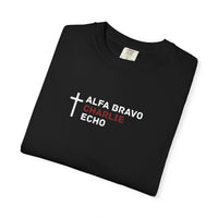 Load image into Gallery viewer, Alpha Bravo Charlie Echo Cross T-Shirt — Christian Faith Based in memory of Charlie Kirk , Made for believers who stand for biblical values, strong families, religious freedom