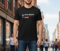 Load image into Gallery viewer, Alpha Bravo Charlie Echo Cross T-Shirt — Christian Faith Based in memory of Charlie Kirk , Made for believers who stand for biblical values, strong families, religious freedom