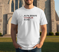 Load image into Gallery viewer, Alpha Bravo Charlie Echo Cross T-Shirt — Christian Faith Based in memory of Charlie Kirk , Made for believers who stand for biblical values, strong families, religious freedom, and principled...