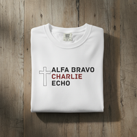 Load image into Gallery viewer, Alpha Bravo Charlie Echo Cross T-Shirt — Christian Faith Based in memory of Charlie Kirk , Made for believers who stand for biblical values, strong families, religious freedom, and principled...