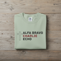 Load image into Gallery viewer, Alpha Bravo Charlie Echo Cross T-Shirt — Christian Faith Based in memory of Charlie Kirk , Made for believers who stand for biblical values, strong families, religious freedom, and principled...