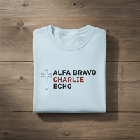 Load image into Gallery viewer, Alpha Bravo Charlie Echo Cross T-Shirt — Christian Faith Based in memory of Charlie Kirk , Made for believers who stand for biblical values, strong families, religious freedom, and principled...