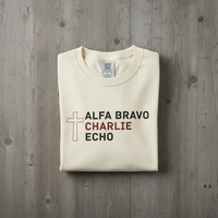 Load image into Gallery viewer, Alpha Bravo Charlie Echo Cross T-Shirt — Christian Faith Based in memory of Charlie Kirk , Made for believers who stand for biblical values, strong families, religious freedom, and principled...